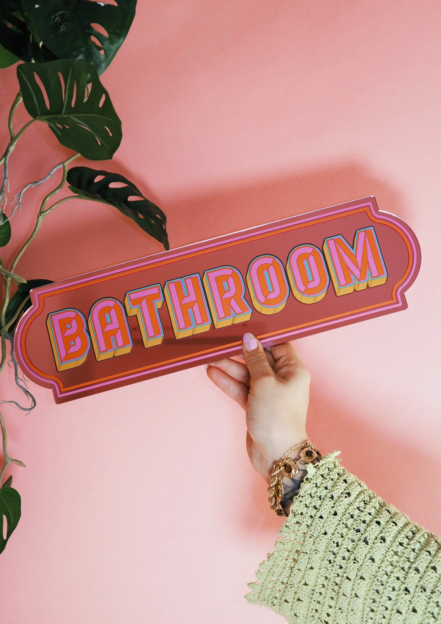 Bathroom Sign Pink Mirror